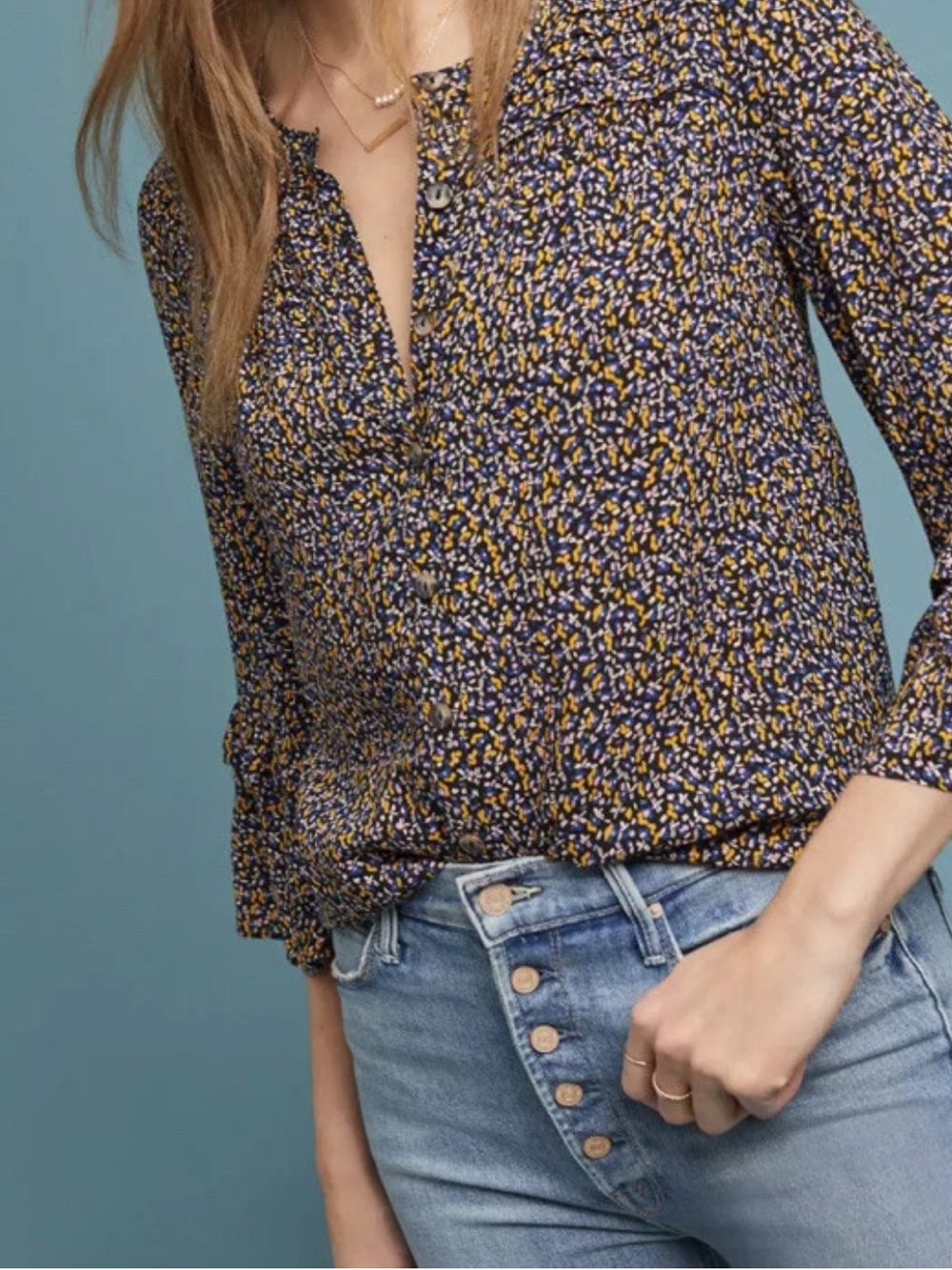 Maeve Anthropologie Top Shirt Blouse Large Print Boho Bell Sleeve